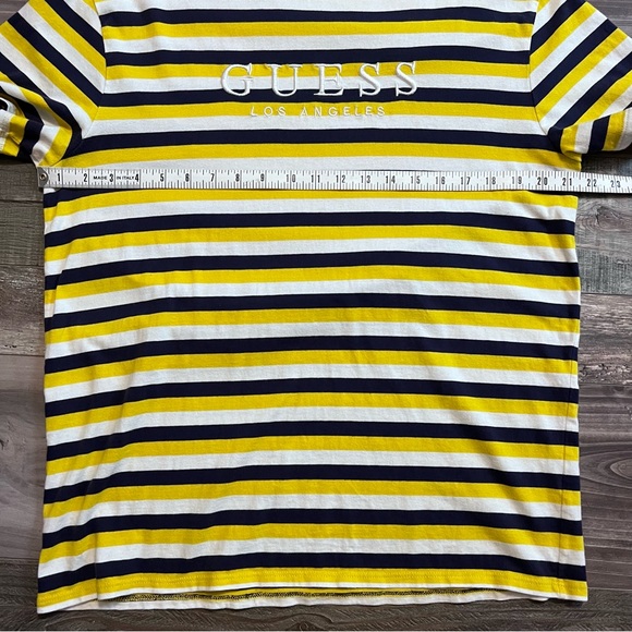 GUESS Los Angeles Mens Y2K Retro Embroidered Logo Tee Cotton Yellow Navy Striped - Picture 7 of 7